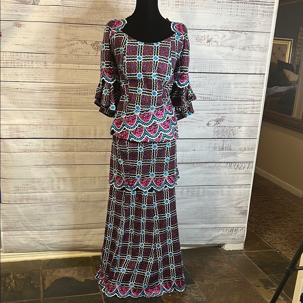 Black/Fuschia/Turquoise Print Authentic African Print Skirt Set